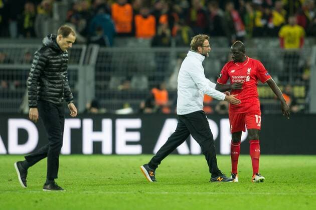 Dortmund Trainer Juergen Klopp (FC Liverpool) und Mamadou Sakho (FC Liverpool 17) mit Trainer Thomas Tuchel (Borussia Dortmund) beim Fussball Europa League Spiel zwischen Borussia Dortmund und dem FC Liverpool am 07.04.2016, Copyright: Schueler Eibner-Pressefoto EP_JSE