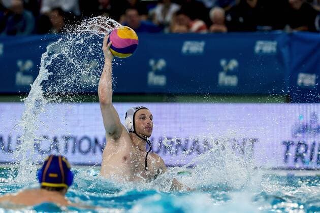 4 BICARI CAN FINA Men s Water polo Wasserball Olympic Games Olympische Spiele Olympia OS Qualifications Tournament 2016 quarter final Canada CAN (White) Vs Spain ESP (Blue) Trieste, Italy - Swimming Pool Nationalteam Länderspiel GiorgioxScala