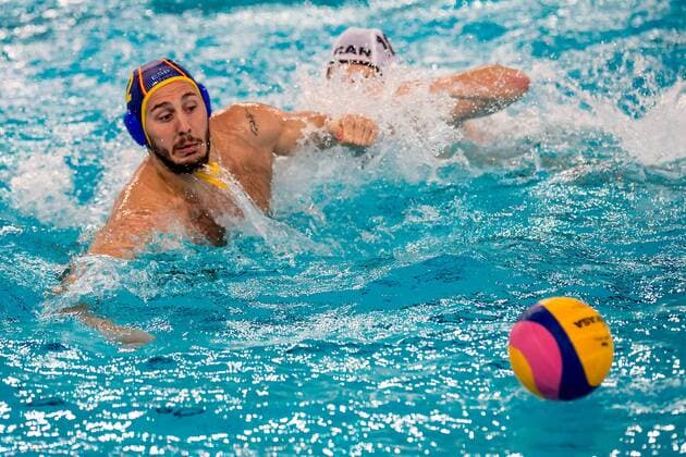 12 Gonzalo ECHENIQUE ESP FINA Men s Water polo Wasserball Olympic Games Olympische Spiele Olympia OS Qualifications Tournament 2016 quarter final Canada CAN (White) Vs Spain ESP (Blue) Trieste, Italy - Swimming Pool Nationalteam Länderspiel GiorgioxScala