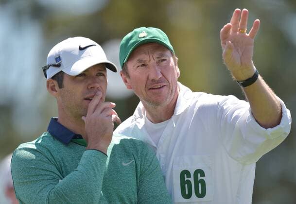 Paul Casey of England and caddie John MacLaren stand on the first hole tee box in the second round of the 2016 Masters Tournament at Augusta National in Augusta, Georgia on April 8, 2016. Tom Watson announced that this 2016 Masters will be his last.  MAS20160408118 KEVINxDIETSCH