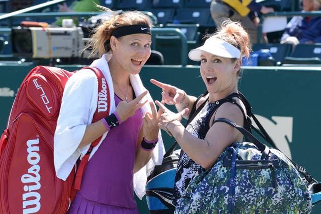 April 8, 2016 - Charleston, South Carolina, United States - LUCIE SAFAROVA (left) and BETHANIE MATTEK-SANDS pose for a photo after winning their doubles match vs. G. Dabrowski and D. Jurak at the Volvo Car Open Tennis 2016 - Volvo Car Open - Day 5 - ZUMAl132