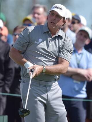 Phil Mickelson watches his tee shot on the 8th hole in the second round of the 2016 Masters Tournament at Augusta National in Augusta, Georgia on April 8, 2016. Tom Watson announced that this 2016 Masters will be his last.  MAS20160408144 KEVINxDIETSCH