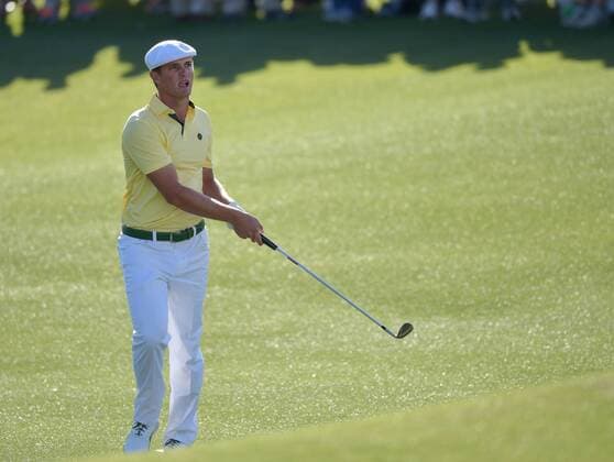 Bryson DeChambeau hits a shot to the 18th green in the second round of the 2016 Masters Tournament at Augusta National in Augusta, Georgia on April 8, 2016.  MAS20160408177 KEVINxDIETSCH