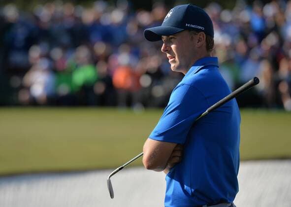 Jordan Spieth stands around the 18th green in the second round of the 2016 Masters Tournament at Augusta National in Augusta, Georgia on April 8, 2016.  MAS20160408179 KEVINxDIETSCH