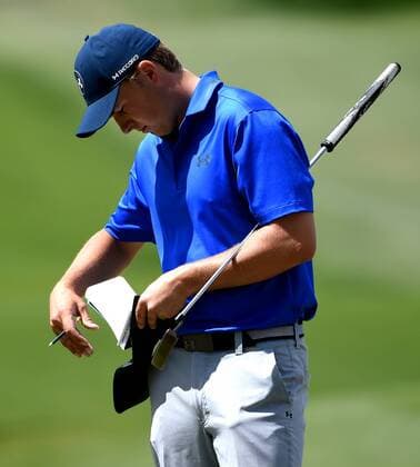 April 8, 2016 - Augusta, GA, USA - Jordan Spieth looks over his yardage book prior to heading to the 8th tee box during the second round of the 80th Masters at the Augusta National Golf Club on Friday, April 8, 2016, in Augusta, Ga. Masters Tournament - ZUMAm67_