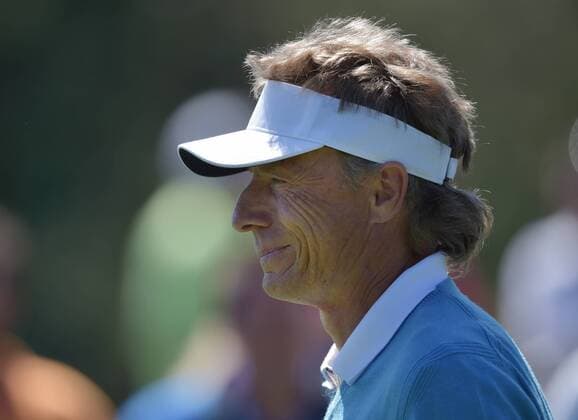Bernhard Langer of Germany walks to the 8th hole tee box in the third round of the 2016 Masters Tournament at Augusta National in Augusta, Georgia on April 9, 2016.  MAS20160409115 KEVINxDIETSCH