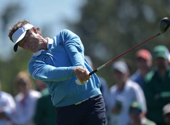 Bernhard Langer of Germany hits his tee shot on the 8th hole in the third round of the 2016 Masters Tournament at Augusta National in Augusta, Georgia on April 9, 2016.  MAS20160409114 KEVINxDIETSCH