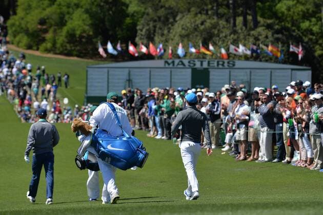 Rory McIlroy and Jordan Spieth walk on the first hole fairway in the third round of the 2016 Masters Tournament at Augusta National in Augusta, Georgia on April 9, 2016.  MAS20160409101 KEVINxDIETSCH