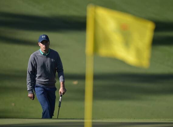Jordan Spieth walk to the 10th green in the third round of the 2016 Masters Tournament at Augusta National in Augusta, Georgia on April 9, 2016.  MAS20160409127 KEVINxDIETSCH