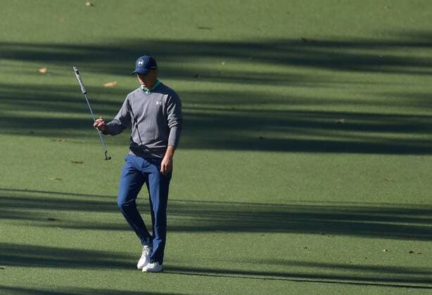 Jordan Spieth twirls his putter as he walks to the 10th green in the third round of the 2016 Masters Tournament at Augusta National in Augusta, Georgia on April 9, 2016.  MAS20160409153 KEVINxDIETSCH