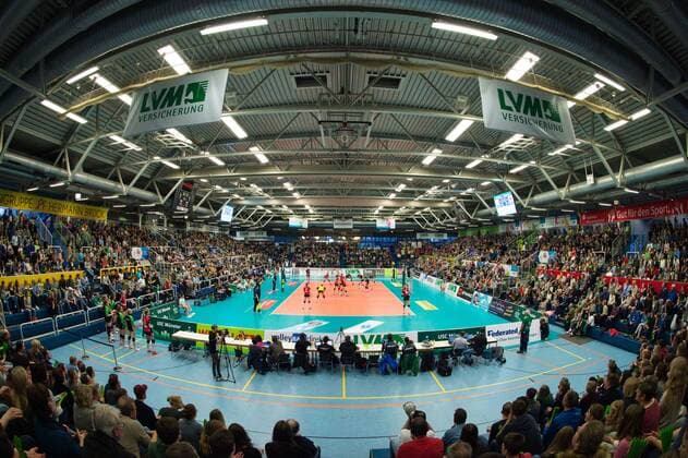09.04.2016, Halle Berg Fidel, Muenster Volleyball, Bundesliga Frauen, Play-offs Halbfinale, USC Münster Muenster vs. Dresdner SC Übersicht Uebersicht Sporthalle Berg Fidel Muenster