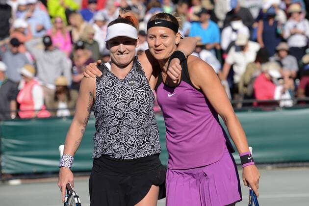 April 9, 2016 - Charleston, South Carolina, United States - BETHANIE MATTEK-SANDS and LUCIE SAFAROVA celebrate winning their semifinal match vs. V. King and A. Kudryavtseva at the Volvo Car Open Tennis 2016 - Volvo Car Open - Day 6 - ZUMAl132