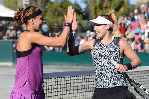 April 9, 2016 - Charleston, South Carolina, United States - BETHANIE MATTEK-SANDS and LUCIE SAFAROVA celebrate winning their semifinal match vs. V. King and A. Kudryavtseva at the Volvo Car Open Tennis 2016 - Volvo Car Open - Day 6 - ZUMAl132