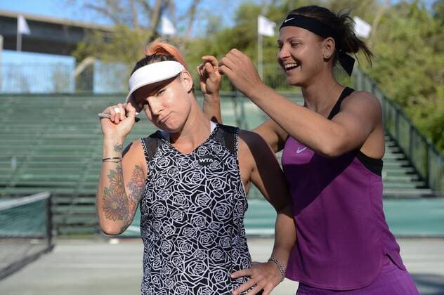 April 9, 2016 - Charleston, South Carolina, United States - BETHANIE MATTEK-SANDS and LUCIE SAFAROVA pose for a photo after winning their semifinal match vs. V. King and A. Kudryavtseva at the Volvo Car Open Tennis 2016 - Volvo Car Open - Day 6 - ZUMAl132