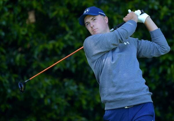 Jordan Spieth hits a tee shot on the 5th hole in the third round of the 2016 Masters Tournament at Augusta National in Augusta, Georgia on April 9, 2016.  MAS20160409157 KEVINxDIETSCH