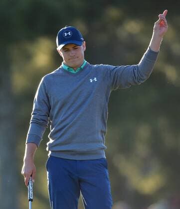 Jordan Spieth reacts after a putt on the 17th hole in the third round of the 2016 Masters Tournament at Augusta National in Augusta, Georgia on April 9, 2016.  MAS20160409166 KEVINxDIETSCH