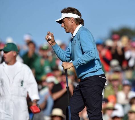 April 9, 2016 - Augusta, GA, USA - Bernhard Langer waves to the crowd on the 18th green during the third round of the 80th Masters at the Augusta National Golf Club in Augusta, Ga., on Saturday, April 9, 2016. Masters, third round - ZUMAm67_