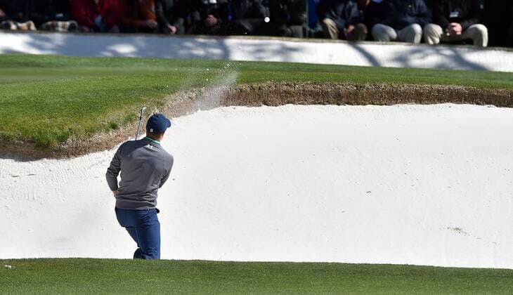 April 9, 2016 - Augusta, GA, USA - Rory McIlroy hits from a bunker on the 7th green during the third round of the 80th Masters at the Augusta National Golf Club in Augusta, Ga., on Saturday, April 9, 2016. Masters, third round - ZUMAm67_