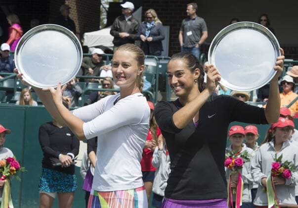 April 10, 2016: Kristina Mladenovic (FRA) (in white) & Caroline Garcia (FRA) defeated Bethanie Mattek-Sands (USA) (Black Visor) & Lucie Safarova (CZE) 6-2, 7-5, at the Volvo Car Open being played at Family Circle Tennis Center in Charleston, South Carolina. Â© TENNIS 2016: Volvo Car Open APRIL 16 - ZUMAc04_