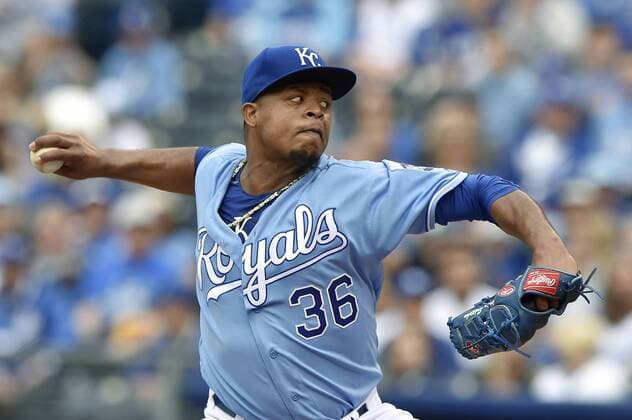 Baseball, MLB, Kansas City Royals - Minnesota Twins April 10, 2016 - Kansas City, MO, USA - Kansas City Royals starting pitcher Edinson Volquez throws during the first inning on Sunday, April 10, 2016, at Kauffman Stadium in Kansas City, Mo. Minnesota Twins at Kansas City Royals - ZUMAm67_