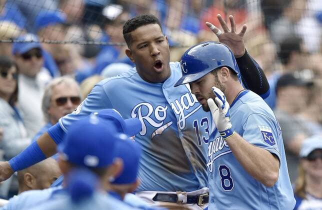 Baseball, MLB, Kansas City Royals - Minnesota Twins April 10, 2016 - Kansas City, MO, USA - Kansas City Royals Salvador Perez congratulates Mike Moustakas on his solo home run during the sixth inning on Sunday, April 10, 2016, at Kauffman Stadium in Kansas City, Mo. Minnesota Twins at Kansas City Royals - ZUMAm67_
