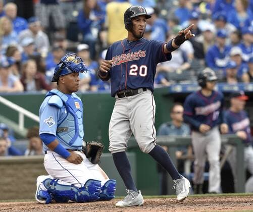 Baseball, MLB, Kansas City Royals - Minnesota Twins April 10, 2016 - Kansas City, MO, USA - Minnesota Twins Eddie Rosario points to Miguel Sano at first after his RBI single scored Rosario during the sixth inning on Sunday, April 10, 2016, at Kauffman Stadium in Kansas City, Mo. Minnesota Twins at Kansas City Royals - ZUMAm67_