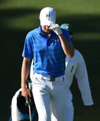 Jordan Spieth walks to the 10th green in the final round of the 2016 Masters Tournament at Augusta National in Augusta, Georgia on April 10, 2016.  MAS20160410124 KEVINxDIETSCH