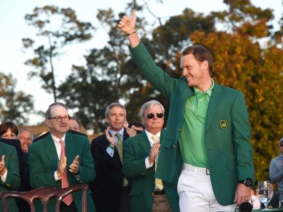 Danny Willett of England gives a thumbs up wearing his Green Jacket after winning the 2016 Masters Tournament with a score of 5 under par at Augusta National in Augusta, Georgia on April 10, 2016. Danny Willett won in his second Masters and he became the first player from England to win the green jacket since Nick Faldo in 1996.  MAS20160410161 KEVINxDIETSCH