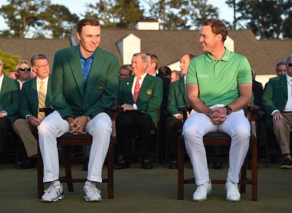 2015 champion Jordan Spieth and 2016 champion Danny Willett of England sit next to each other at the Green Jacket ceremony after Willett wins the 2016 Masters Tournament with a score of 5 under par at Augusta National in Augusta, Georgia on April 10, 2016. Danny Willett won in his second Masters and he became the first player from England to win the green jacket since Nick Faldo in 1996.  MAS20160410169 KEVINxDIETSCH