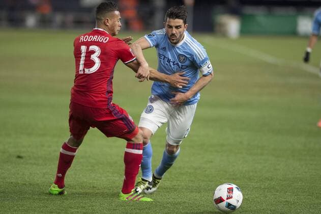 April 6, 2016 - Bronz, New York, U.S - New York City FC forward DAVID VILLA (7) fights for the ball with Chicago Fire defender RODRIGO RAMOS Soccer 2016 - NYCFC vs Chicago Fire 0-0 - ZUMAs192