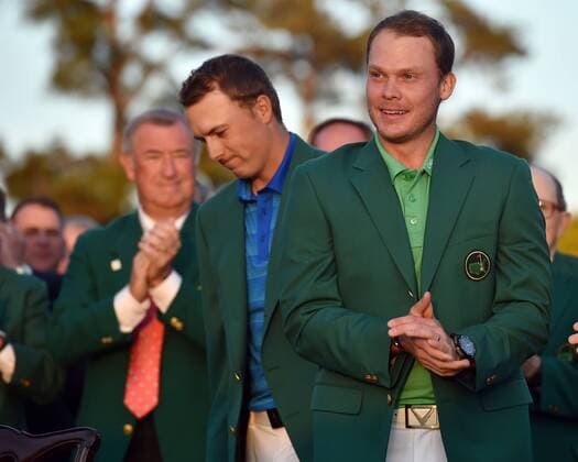 April 10, 2016 - Augusta, GA, USA - Masters champion Danny Willett gets the Green Jacket from Jordan Spieth following the final round of the 80th Masters on Sunday, April 10, 2016, at Augusta National Golf Club in Augusta, Ga. Masters final round - ZUMAm67_