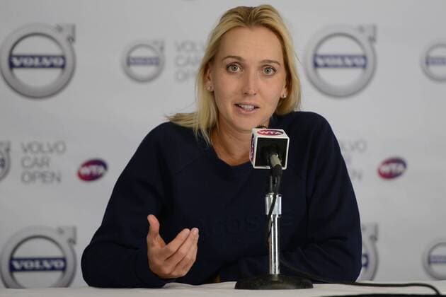 April 10, 2016 - Charleston, South Carolina, United States - ELENA VESNINA of Russia speaks to the media after the final of the Volvo Car Open Tennis 2016 - Volvo Car Open - Day 7 - ZUMAl132
