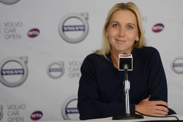 April 10, 2016 - Charleston, South Carolina, United States - ELENA VESNINA of Russia speaks to the media after the final of the Volvo Car Open Tennis 2016 - Volvo Car Open - Day 7 - ZUMAl132