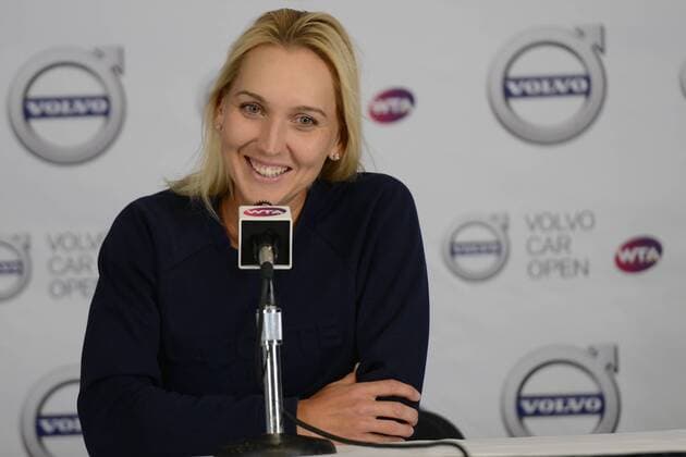 April 10, 2016 - Charleston, South Carolina, United States - ELENA VESNINA of Russia speaks to the media after the final of the Volvo Car Open Tennis 2016 - Volvo Car Open - Day 7 - ZUMAl132