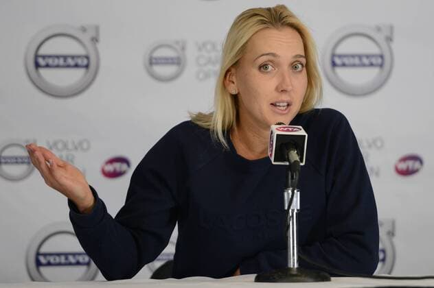 April 10, 2016 - Charleston, South Carolina, United States - ELENA VESNINA of Russia speaks to the media after the final of the Volvo Car Open Tennis 2016 - Volvo Car Open - Day 7 - ZUMAl132