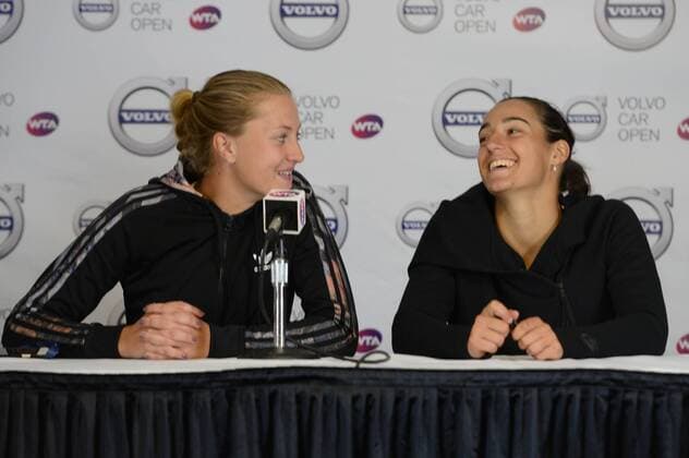April 10, 2016 - Charleston, South Carolina, United States - KRISTINA MLADENOVIC and CAROLINE GARCIA of France speak to the media after the doubles final of the Volvo Car Open Tennis 2016 - Volvo Car Open - Day 7 - ZUMAl132