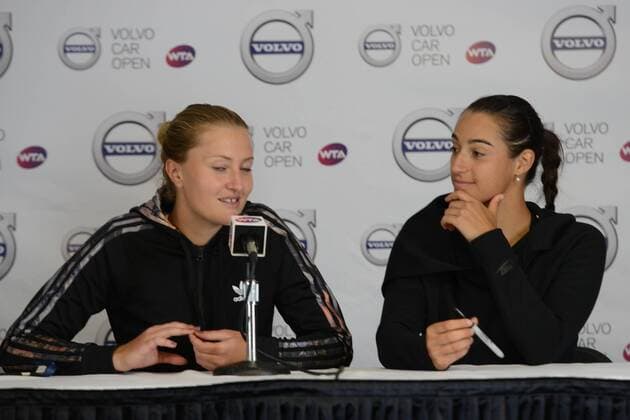 April 10, 2016 - Charleston, South Carolina, United States - KRISTINA MLADENOVIC and CAROLINE GARCIA of France speak to the media after the doubles final of the Volvo Car Open Tennis 2016 - Volvo Car Open - Day 7 - ZUMAl132