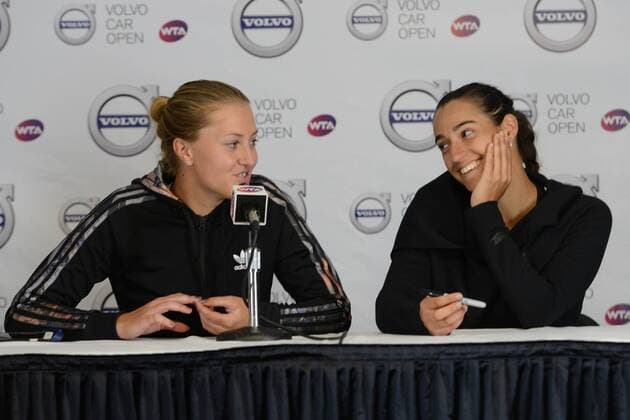 April 10, 2016 - Charleston, South Carolina, United States - KRISTINA MLADENOVIC and CAROLINE GARCIA of France speak to the media after the doubles final of the Volvo Car Open Tennis 2016 - Volvo Car Open - Day 7 - ZUMAl132