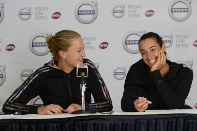April 10, 2016 - Charleston, South Carolina, United States - KRISTINA MLADENOVIC and CAROLINE GARCIA of France speak to the media after the doubles final of the Volvo Car Open Tennis 2016 - Volvo Car Open - Day 7 - ZUMAl132