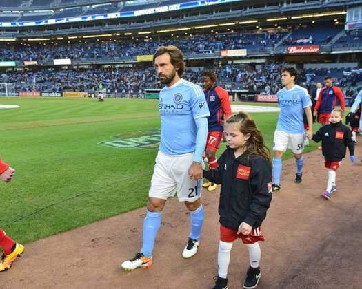 (L-R) Andrea Pirlo (NYCFC), Kennedy Igboananike (Fire), Andoni Iraola (NYCFC), APRIL 10, 2016 - Football Soccer : Andrea Pirlo of New York City FC enters the pitch before the Major League Soccer match between New York City FC 0-0 Chicago Fire at Yankee Stadium in the Bronx, New York, United States. Noxthirdxpartyxsales  (xpta003082)