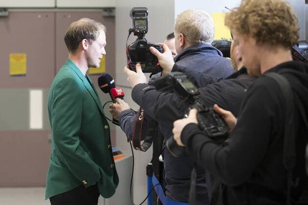 April 12, 2016 - Manchester, Lancashire, UK - Manchester UK. US Masters champion David Willett arrives back in Britain at Manchester Airport this morning after scooping the Ã‚Â£1.8M top prize in Augusta. David Willett  - ZUMAl94_