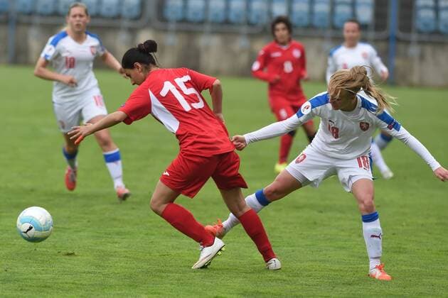 Jitka Chlastakova of Czech Republic (right) and Ana Zakhaidze (left) of Georgia in action during the women s football European Cup 2017 qualifier, Czech Republic vs Georgia, in Opava, Czech Republic, April 12, 2016. (CTKxPhoto JaroslavxOzana) CTKPhotoP201604120768001  JAO_9682