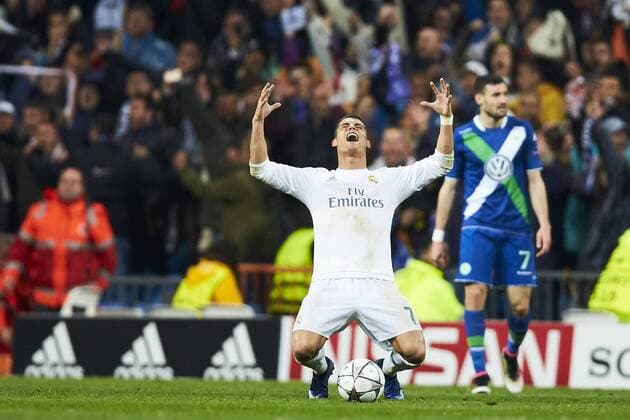 12.04.2016, xslx, Fussball UEFA Champions League, Real Madrid - VfLWolfsburg, emspor, v.l. Cristiano Ronaldo (Real Madrid CF) Jubelt nach Spielende