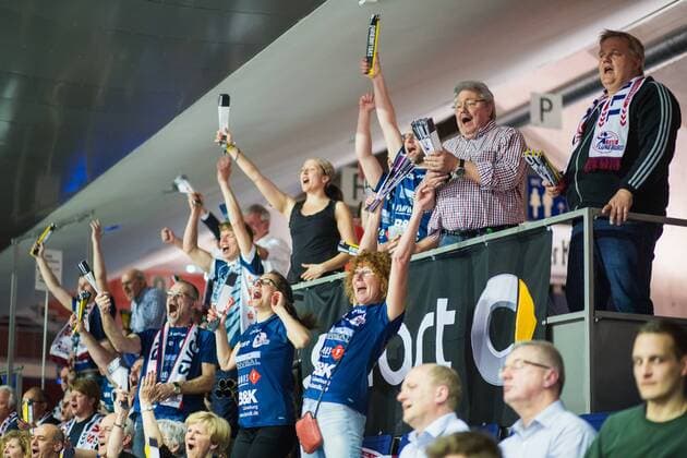 Berlin, Deutschland, 12.04.2016: Volleyball Bundesliga Saison 2015 2016 Playoff-Halbfinale Spiel 1 - Berlin Recycling Volleys - SVG Lueneburg Lüneburg. Fans von Lüneburg Lueneburg in der Max-Schmeling-Halle