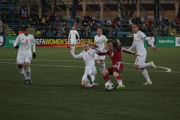 April 12, 2016 - St. Petersburg, Russia - Russian Federation. St. Petersburg. Qualification European Championship EM Europameisterschaft 2017 among women, Russia - Hungary, 3: 3. Qualification European Championship 2017 between the national women s teams of Russia and Hungary..A player of team Russia Chernomyrdina Margarita Womens Soccer Qualification European Championship 2017  - ZUMAl75_