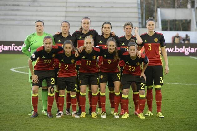 Tine De Caigny celebrates with teammates FOOTBALL FEMININ : Belgique vs Estonie - Qualification Euro 2017 - Louvain - 12 04 2016 PhotoNews Panoramic 