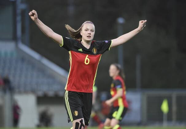 Tine De Caigny celebrates FOOTBALL FEMININ : Belgique vs Estonie - Qualification Euro 2017 - Louvain - 12 04 2016 PhotoNews Panoramic 