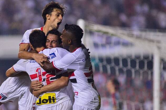 SPFC x River Plate SAO PAULO, Brazil - 04 13 2016: SAO PAULO X RIVER PLATE- Calleri of S?o Paulo celebrates goal during the match between S?o Paulo x River Plate, the group stage of the Copa Libertadores 2016, held at the Estadio Cicero Pompeu de Toledo, known as the Morumbi Stadium. (Photo: Mauricio Rummens FotoArena)  Maur?cioxRummens