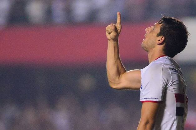 SPFC x River Plate SAO PAULO, Brazil - 04 13 2016: SAO PAULO X RIVER PLATE- Calleri of S?o Paulo celebrates goal during the match between S?o Paulo x River Plate, the group stage of the Copa Libertadores 2016, held at the Estadio Cicero Pompeu de Toledo, known as the Morumbi Stadium. (Photo: Mauricio Rummens FotoArena)  Maur?cioxRummens