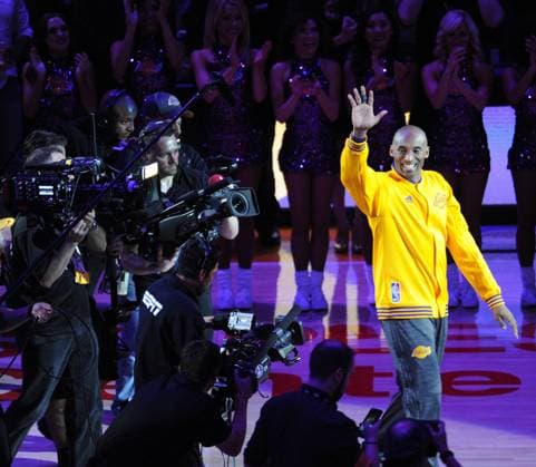 Los Angeles Lakers Kobe Bryant is introduced before his last game against the Utah Jazz at Staples Center in Los Angeles on April 13, 2016.  LAP20160413809 LORIxSHEPLER